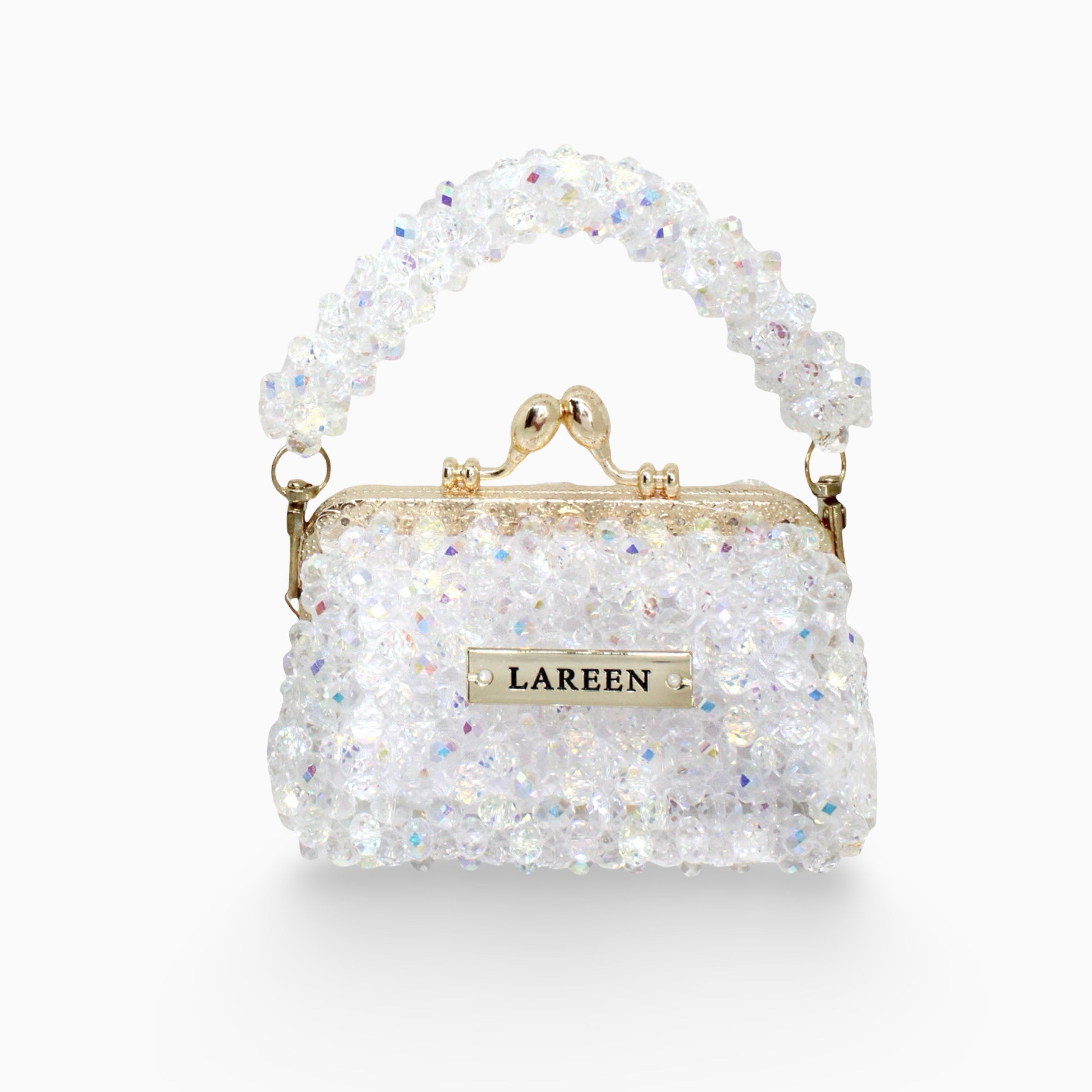Aurélia Crystal Mini handmade crystal beaded bag with gold handle, front view