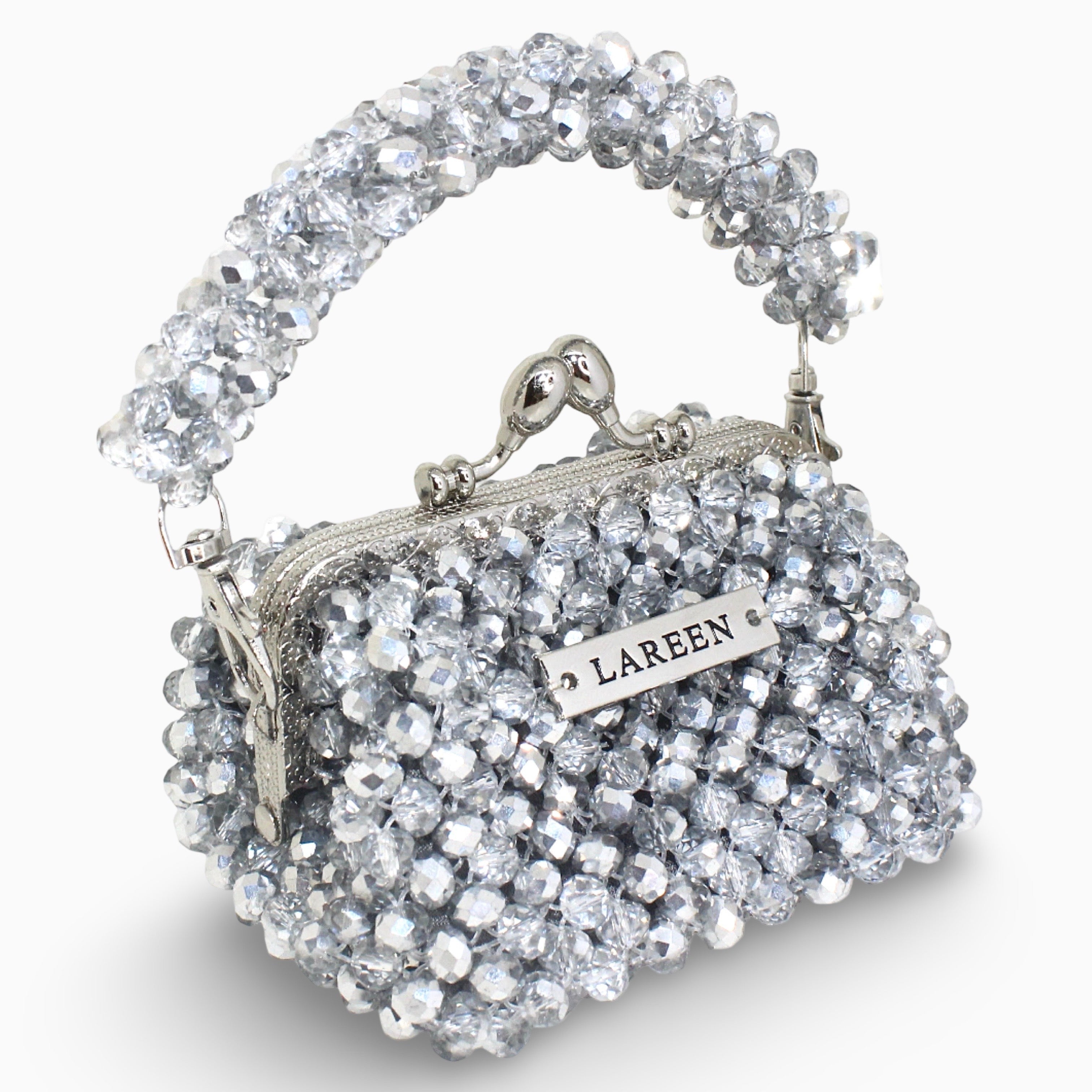 Aurélia Lumière Mini silver beaded mini bag, angled view