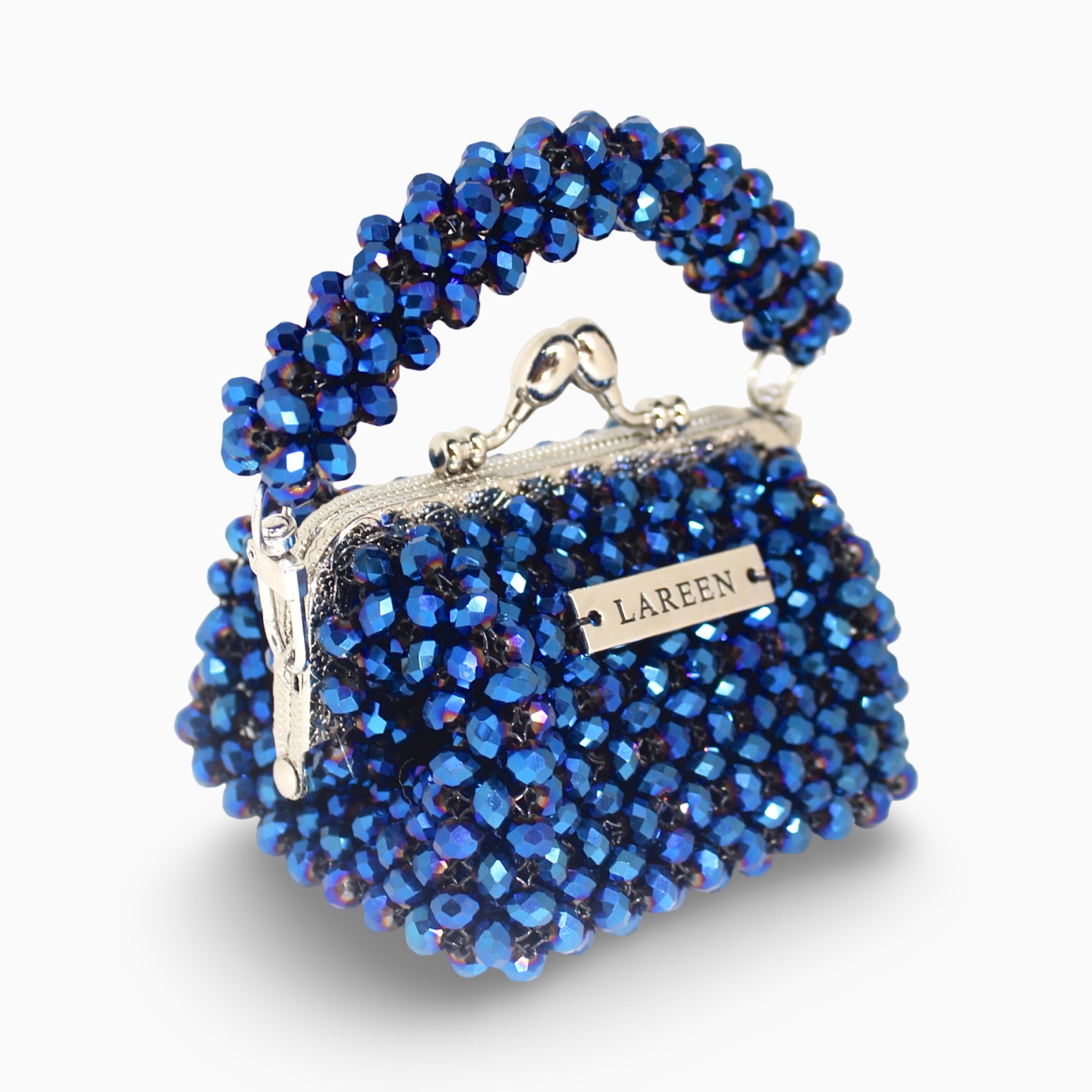 Aurélia Midnight Mini dark blue beaded bag, angled view
