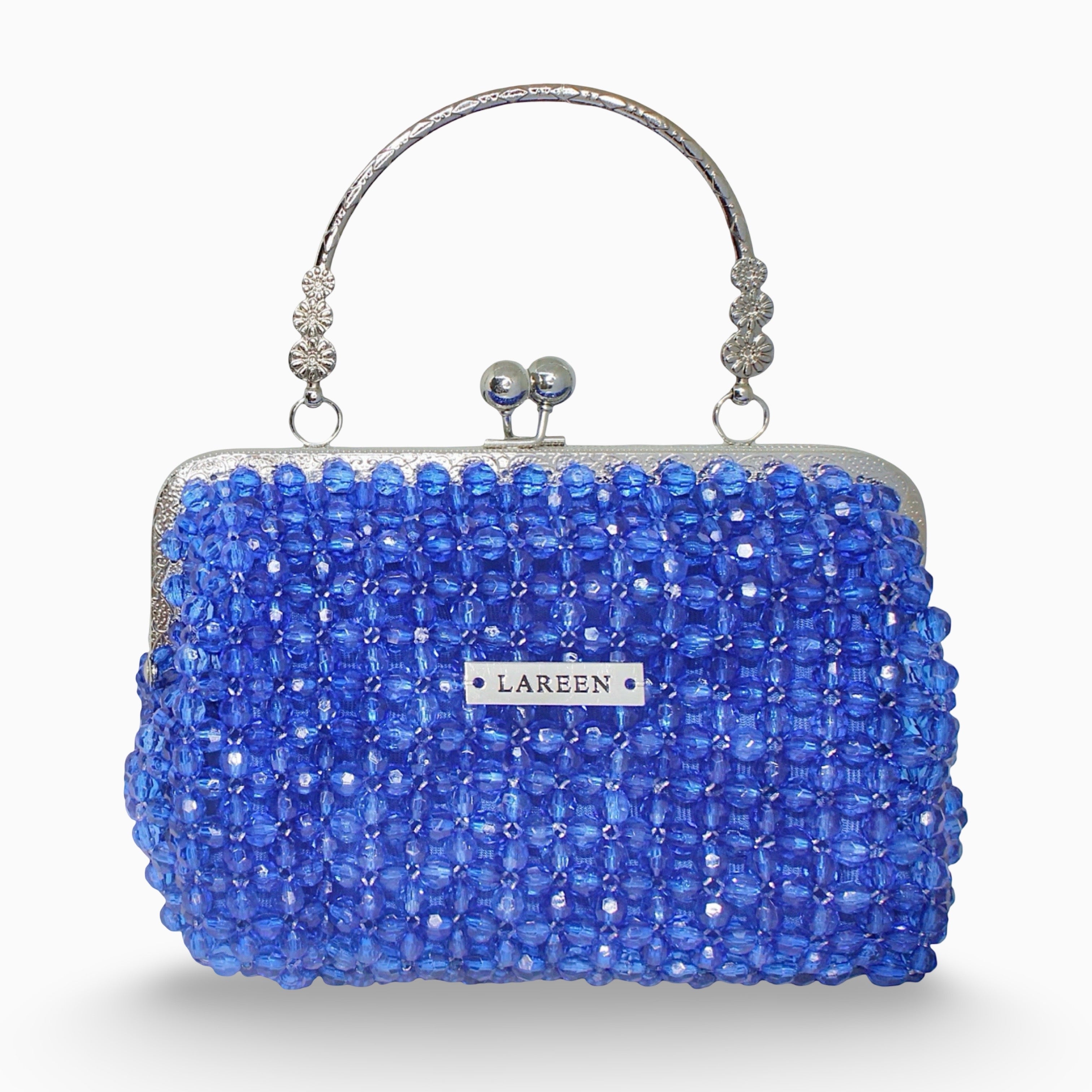 Aurélia Saphir deep blue beaded handbag, front view