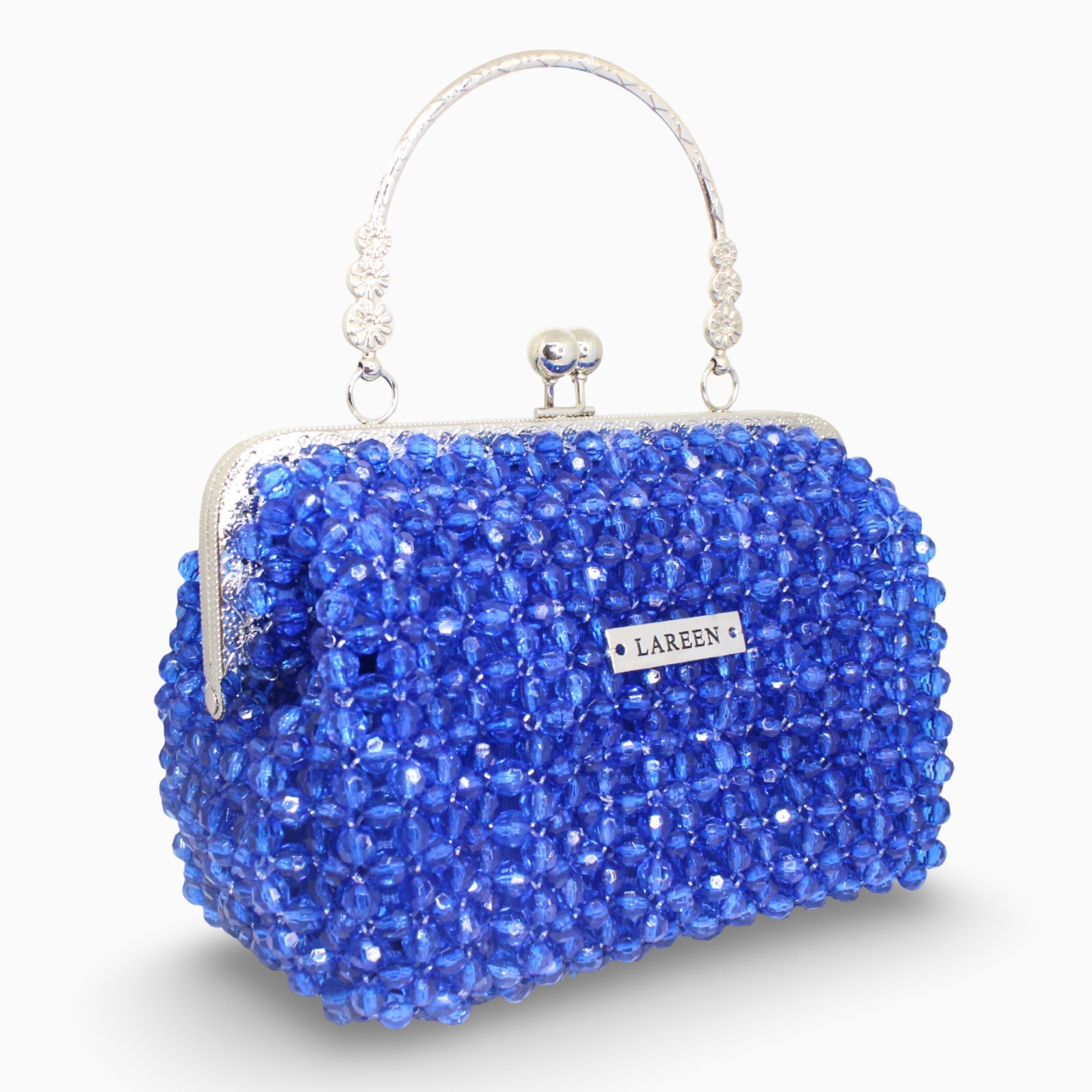 Aurélia Saphir blue beaded bag, angled view