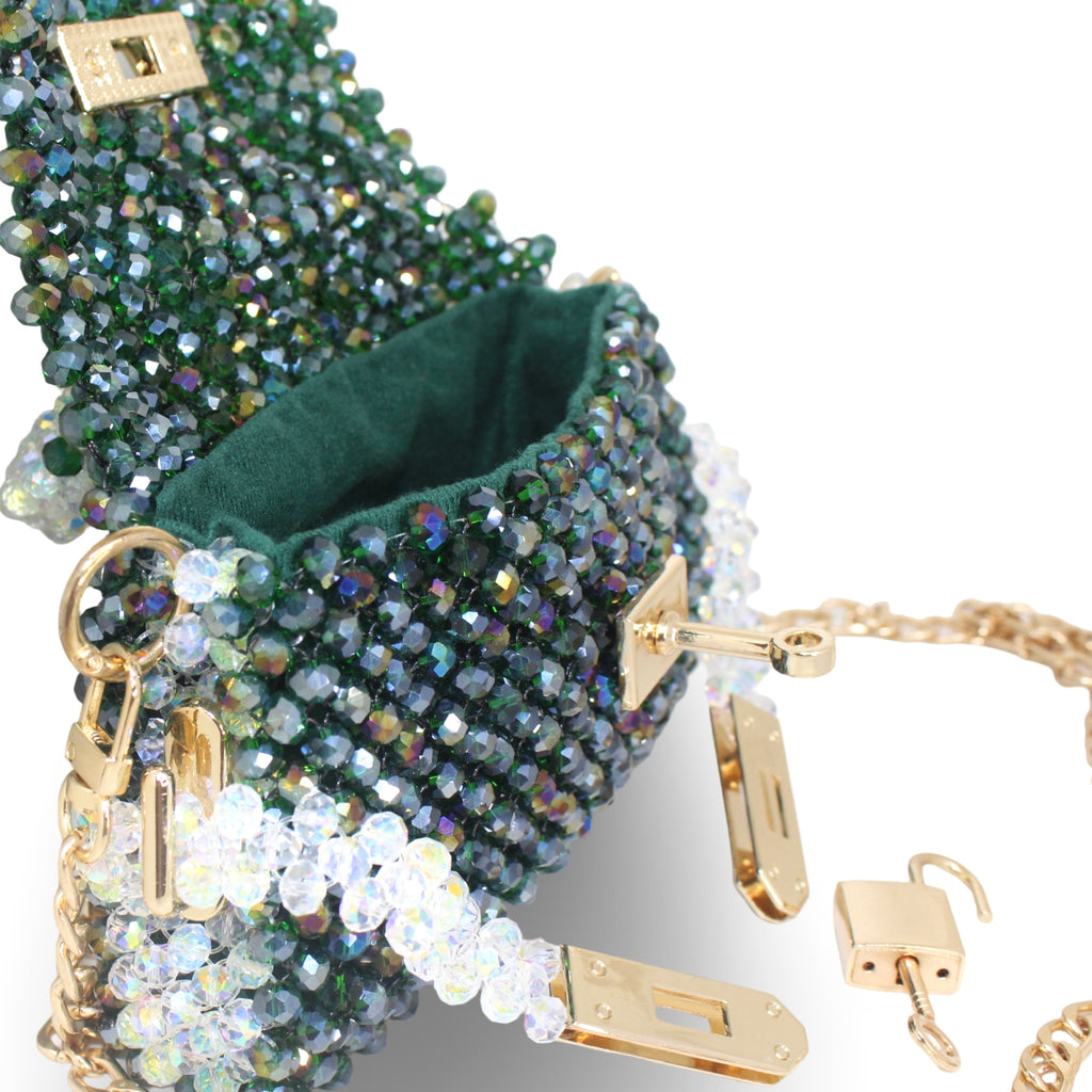 Élodie Emerald open beaded handbag showing green interior and gold hardware