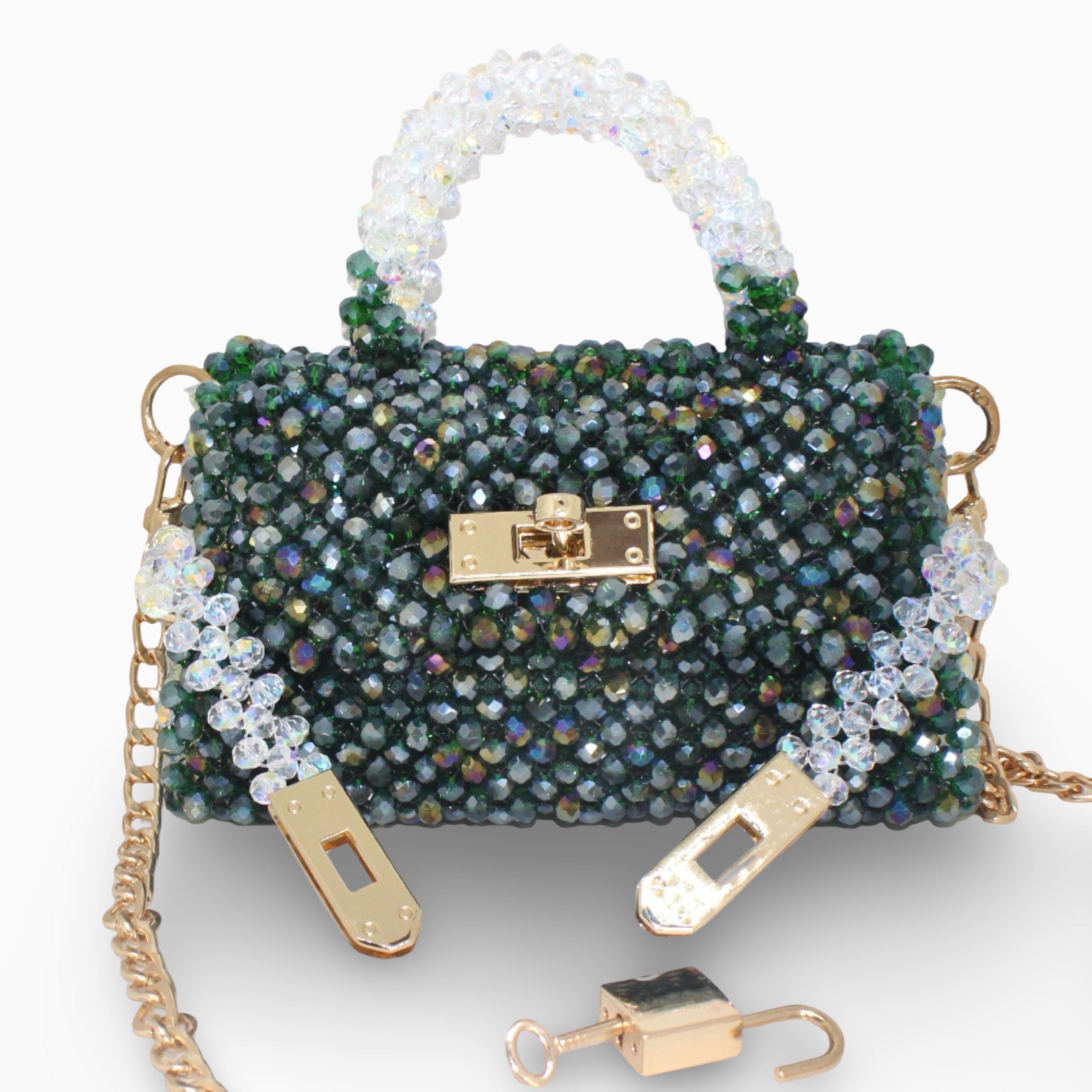 Élodie Emerald beaded handbag with open gold lock closure