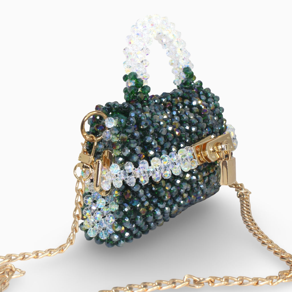 Élodie Emerald green and white beaded bag, angled side view