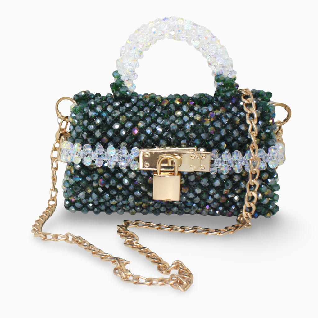 Élodie Emerald green and white beaded handbag with gold chain and lock