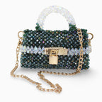 Élodie Emerald green and white beaded handbag with gold chain and lock