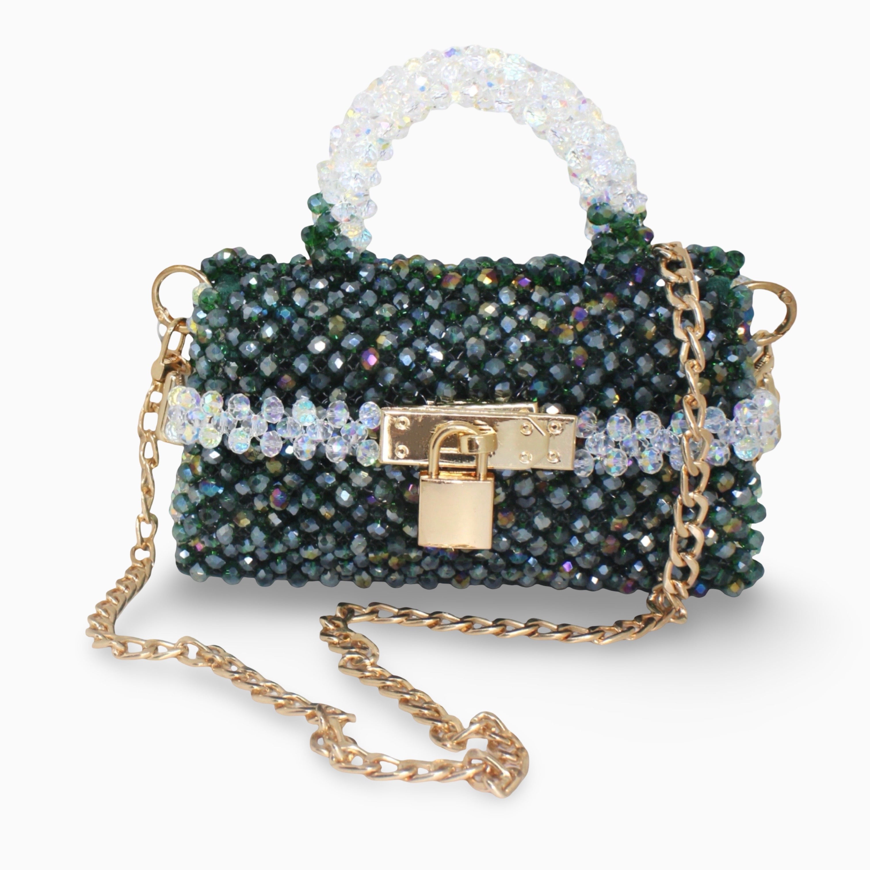 Élodie Emerald green and white beaded handbag with gold chain and lock